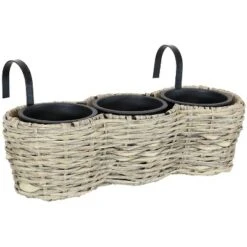 Sunnydaze Decor Sunnydaze Indoor/Outdoor Polyrattan Over-the-Rail Tri-Planter With 3 Round Black Plastic Liners -Sunnydaze Decor GUEST d043045a e206 4d37 88d5 4ba3a9092ffc