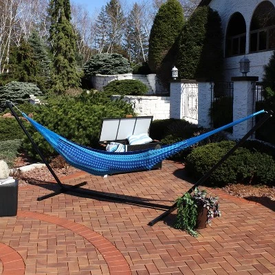 Sunnydaze Decor Sunnydaze XXL Thick Cord Family Size Hand-Woven Portable Mayan Hammock With Steel Stand - 400 Lb Weight Capacity/15' Stand - Blue 3 Sunnydaze Decor Sunnydaze XXL Thick Cord Family Size Hand-Woven Portable Mayan Hammock With Steel Stand - 400 Lb Weight Capacity/15' Stand - Blue