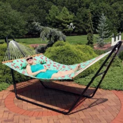 Sunnydaze Decor Sunnydaze Heavy-Duty 2-Person Quilted Printed Fabric Spreader Bar Hammock And Pillow - 450 Lb Weight Capacity - Watermelon And Chevron -Sunnydaze Decor GUEST da5b6916 4d73 41a7 930d 954fc8648c3e