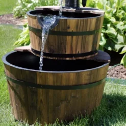 Sunnydaze Decor Sunnydaze 34"H Electric Fir Wood 2-Tier Farmhouse Barrel With Metal Decorative Hand Pump Outdoor Water Fountain -Sunnydaze Decor GUEST dae8606f 66be 4213 a5e4 1acda91b74d9
