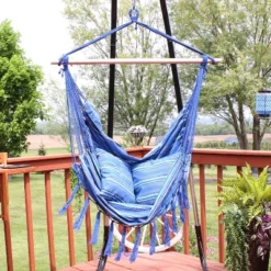 Sunnydaze Decor 13 Sunnydaze Decor Sunnydaze Double Cushion Hanging Rope Hammock Chair Swing - 265 Lb Weight Capacity - Cornflower Stripes