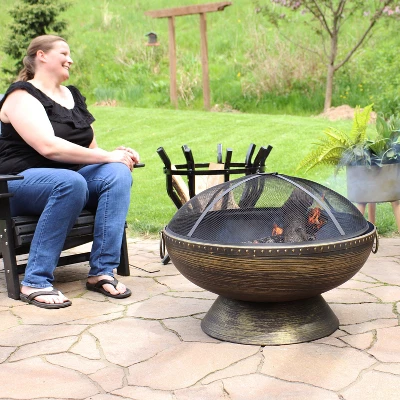 Sunnydaze Decor Sunnydaze Outdoor Camping Or Backyard Large Fire Pit Bowl With Spark Screen, Log Poker, And Metal Wood Grate - 30" - Bronze 11 Sunnydaze Decor Sunnydaze Outdoor Camping Or Backyard Large Fire Pit Bowl With Spark Screen, Log Poker, And Metal Wood Grate - 30" - Bronze - Image 9