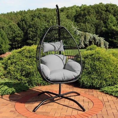 Sunnydaze Decor Sunnydaze Outdoor Resin Wicker Patio Delaney Hanging Basket Egg Chair With Cushions, Headrest, And Steel Stand Set - Gray - 3pc 3 Sunnydaze Decor Sunnydaze Outdoor Resin Wicker Patio Delaney Hanging Basket Egg Chair With Cushions, Headrest, And Steel Stand Set - Gray - 3pc