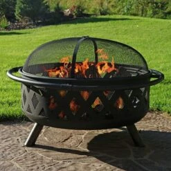 Sunnydaze Decor Sunnydaze Outdoor Camping Or Backyard Round Crossweave Cut Out Fire Pit With Spark Screen, Log Poker, And Cover - 36"