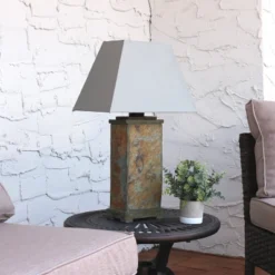 Sunnydaze Decor Sunnydaze Contemporary Natural Slate And Fabric Cream Shade Indoor/Outdoor Weather-Resistant Table Lamp -Sunnydaze Decor GUEST f156bed4 28c4 4c60 bb11 fd5d93d433b9