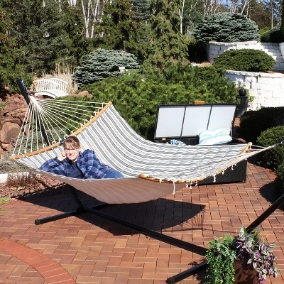 Sunnydaze Decor Sunnydaze Polycotton 2-Person Hammock With Curved Bamboo Foldable Spreader Bars - 450 Lb Weight Capacity - Neutral Stripe 9 Sunnydaze Decor Sunnydaze Polycotton 2-Person Hammock With Curved Bamboo Foldable Spreader Bars - 450 Lb Weight Capacity - Neutral Stripe - Image 7