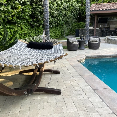 Sunnydaze Decor Sunnydaze Polycotton 2-Person Hammock With Curved Bamboo Foldable Spreader Bars - 450 Lb Weight Capacity - Neutral Stripe 8 Sunnydaze Decor Sunnydaze Polycotton 2-Person Hammock With Curved Bamboo Foldable Spreader Bars - 450 Lb Weight Capacity - Neutral Stripe - Image 6