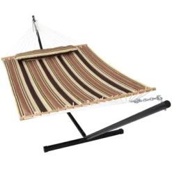 Sunnydaze Decor Sunnydaze Outdoor 2-Person Double Polyester Quilted Hammock With Wood Spreader Bar And 12ft Black Steel Stand -Sunnydaze Decor GUEST ff3f0fd9 bad1 49ca 92b1 a25e532e5574